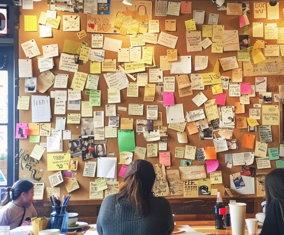 Panel de fotografías y notas en la cafetería
