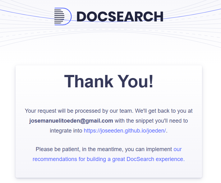 DocSearch confirmation screenshot